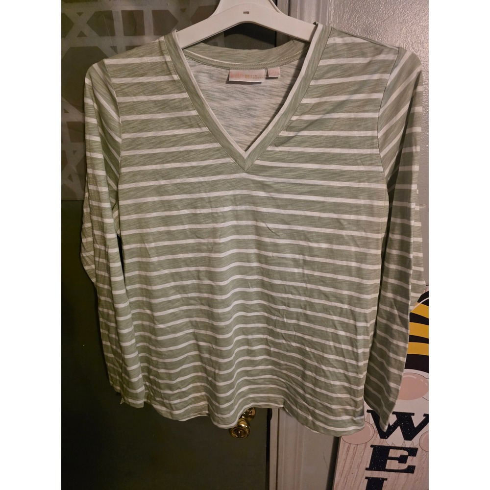 Belle by Kim Gravel Green Striped Long Sleeve V-Neck Slub Knit Top  large.